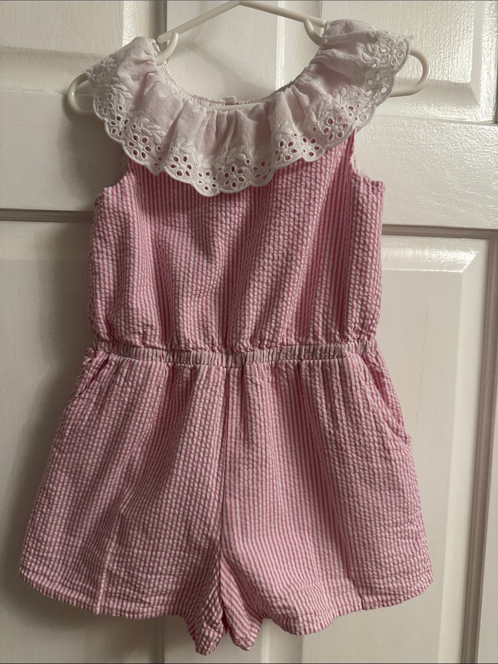 Janie and Jack Pink Seersucker Romper with Eyelet Collar 3T